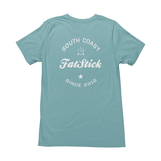 Back of light blue FatStick South Coast Lifestyle T-Shirt with large white graphic print.