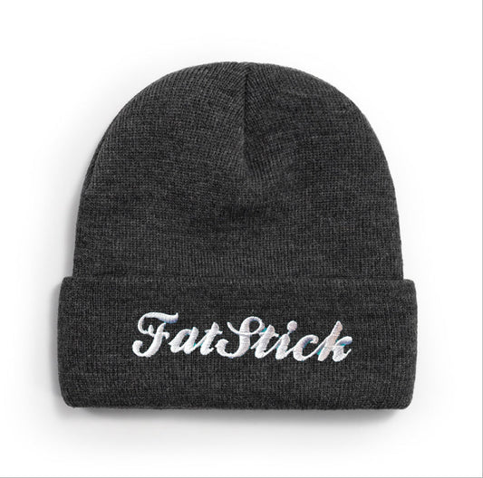 Dark grey FatStick Beanie Hat with a white FatStick logo embroidered on the folded brim