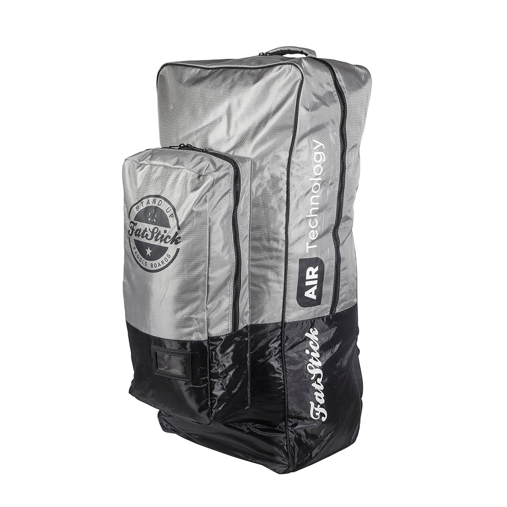 FatStick Wheeled Storage Bag Backpack for inflatable paddle boards, gray and black, isolated on white, angled front view.