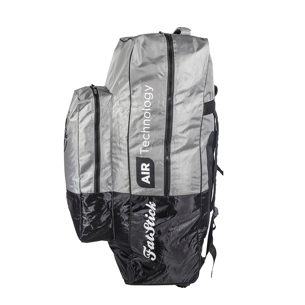 FatStick Wheeled Storage Bag Backpack for inflatable paddle boards, gray and black, isolated on white, side view.