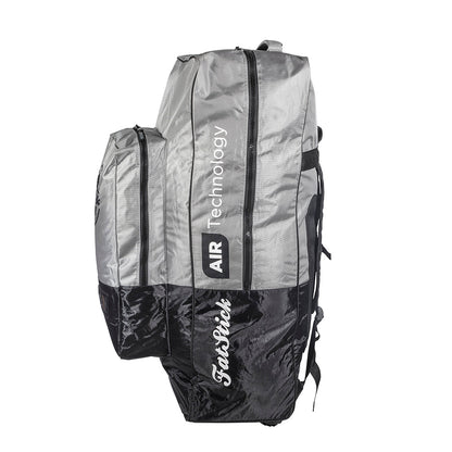FatStick Wheeled Storage Bag Backpack for inflatable paddle boards, gray and black, isolated on white, side view.