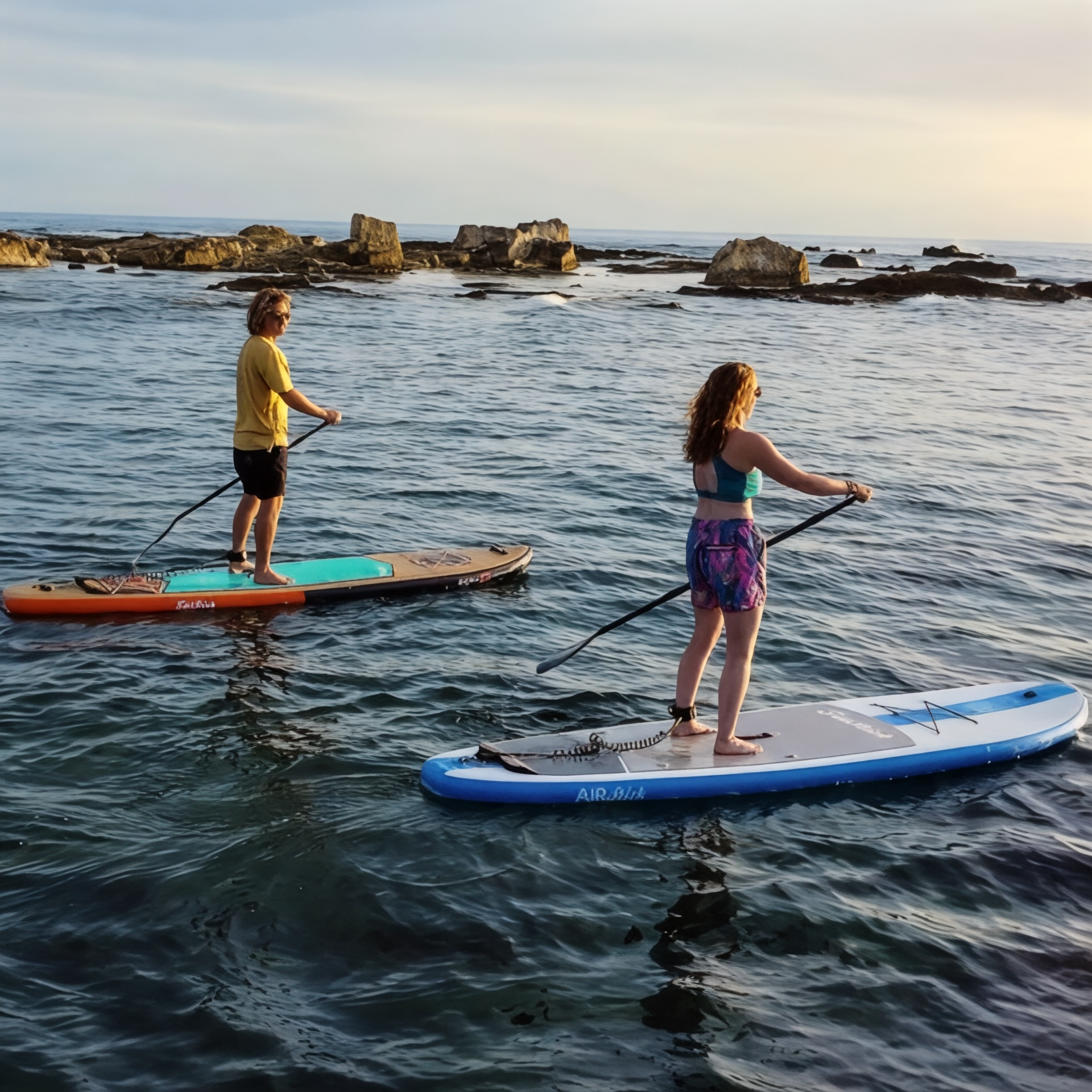 Two people paddle boarding on FatStick inflatable paddle boards in tranquil ocean waters with rocky formations in the distance.