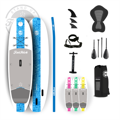 Blue AirStick 10'6 inflatable stand up paddle board with seat and accessories including fins, leash, pump, paddle, and bag.