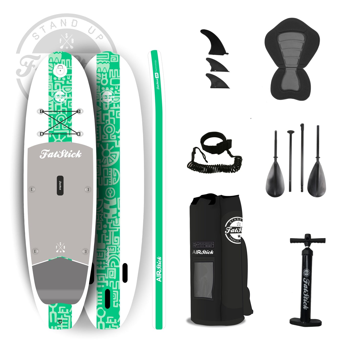 Green AirStick 10'6 inflatable stand up paddle board with seat and accessories including fins, leash, pump, paddle, and bag.