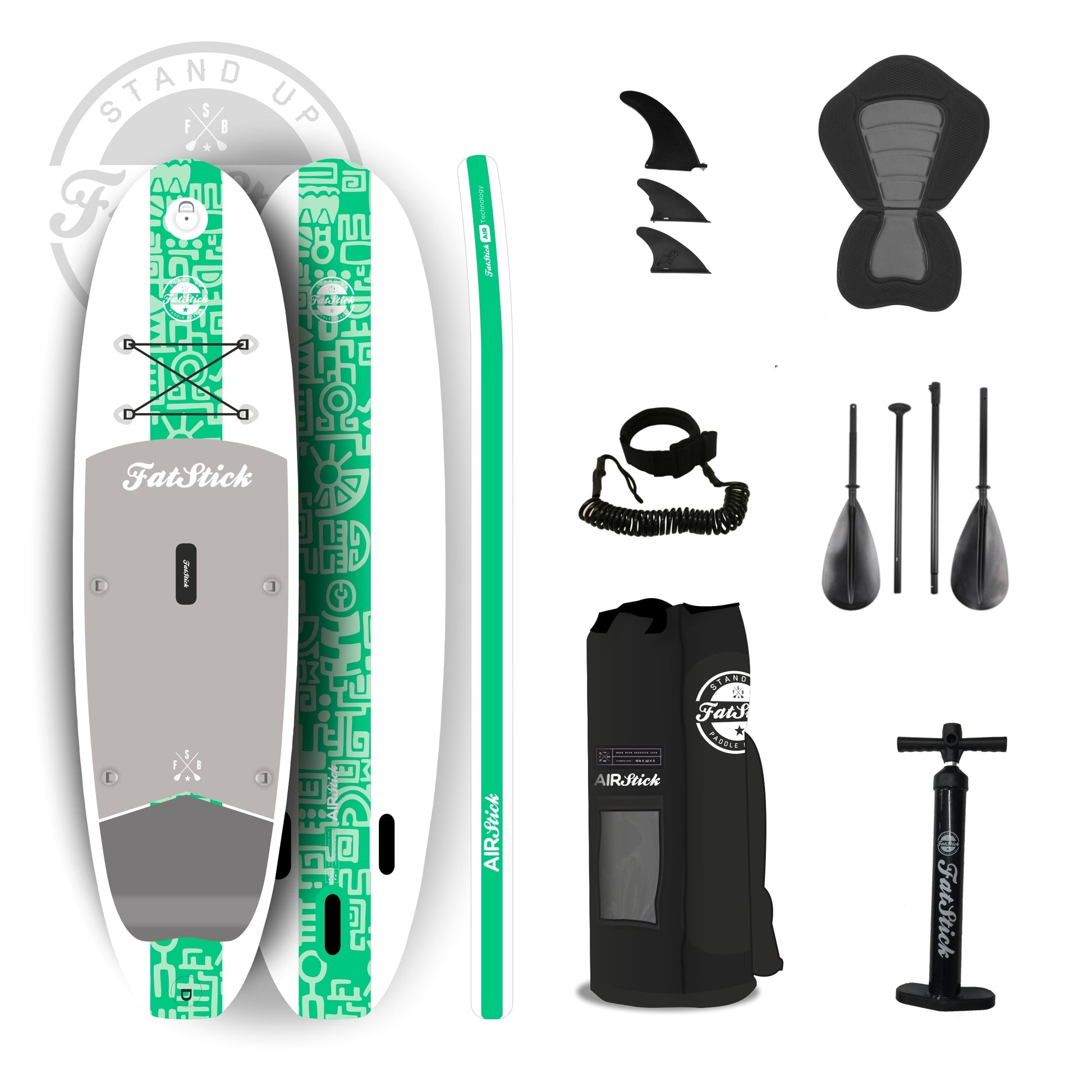 Green AirStick 10'6 inflatable stand up paddle board with seat and accessories including fins, leash, pump, paddle, and bag.