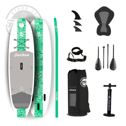 Green AirStick 10'6 inflatable stand up paddle board with seat and accessories including fins, leash, pump, paddle, and bag.