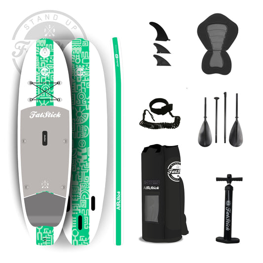 Green AirStick 10'6 inflatable stand up paddle board with seat and accessories including fins, leash, pump, paddle, and bag.