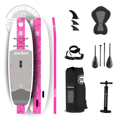 Pink AirStick 10'6 inflatable stand up paddle board with seat and accessories including fins, leash, pump, paddle, and bag.