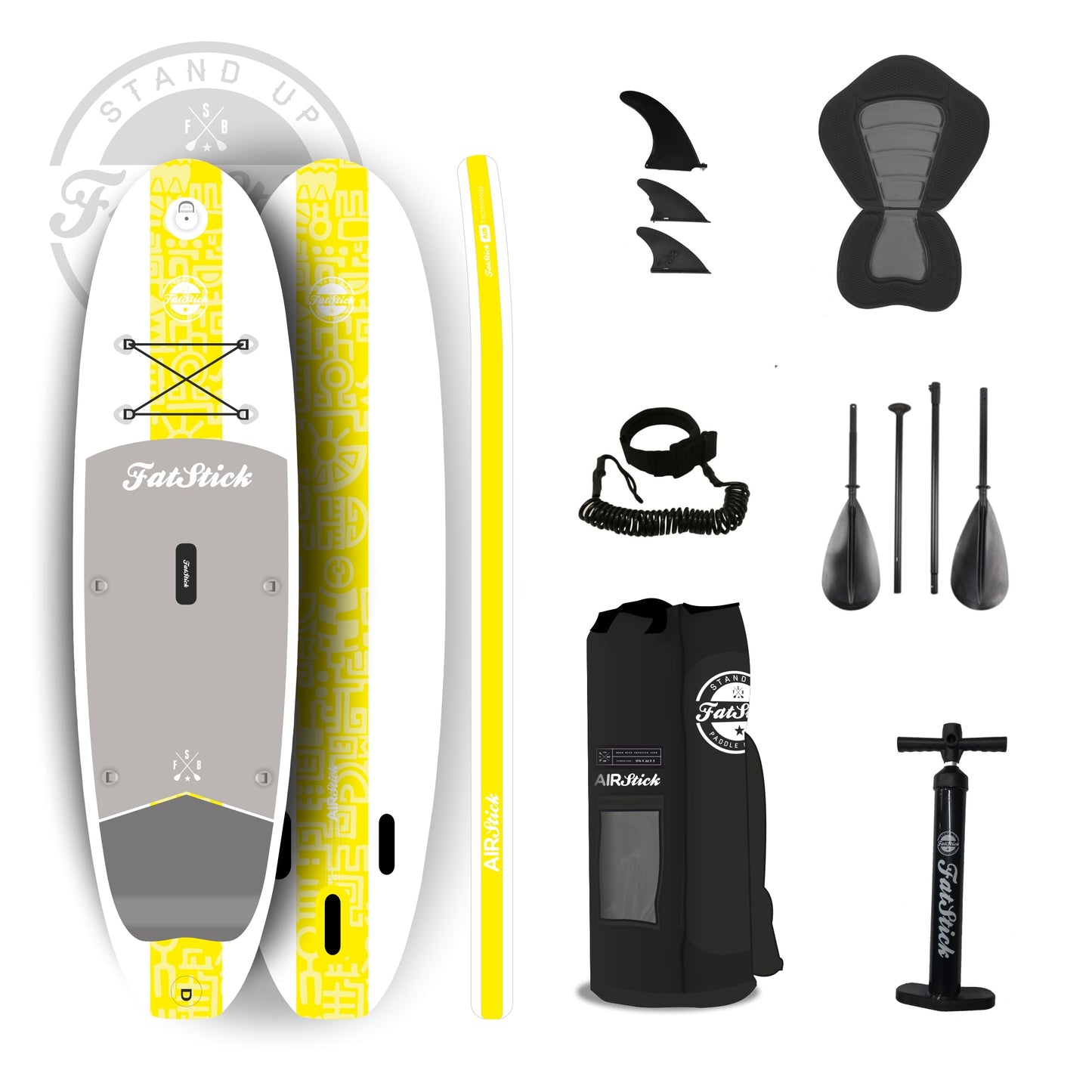 Yellow AirStick 10'6 inflatable stand up paddle board with seat and accessories including fins, leash, pump, paddle, and bag.