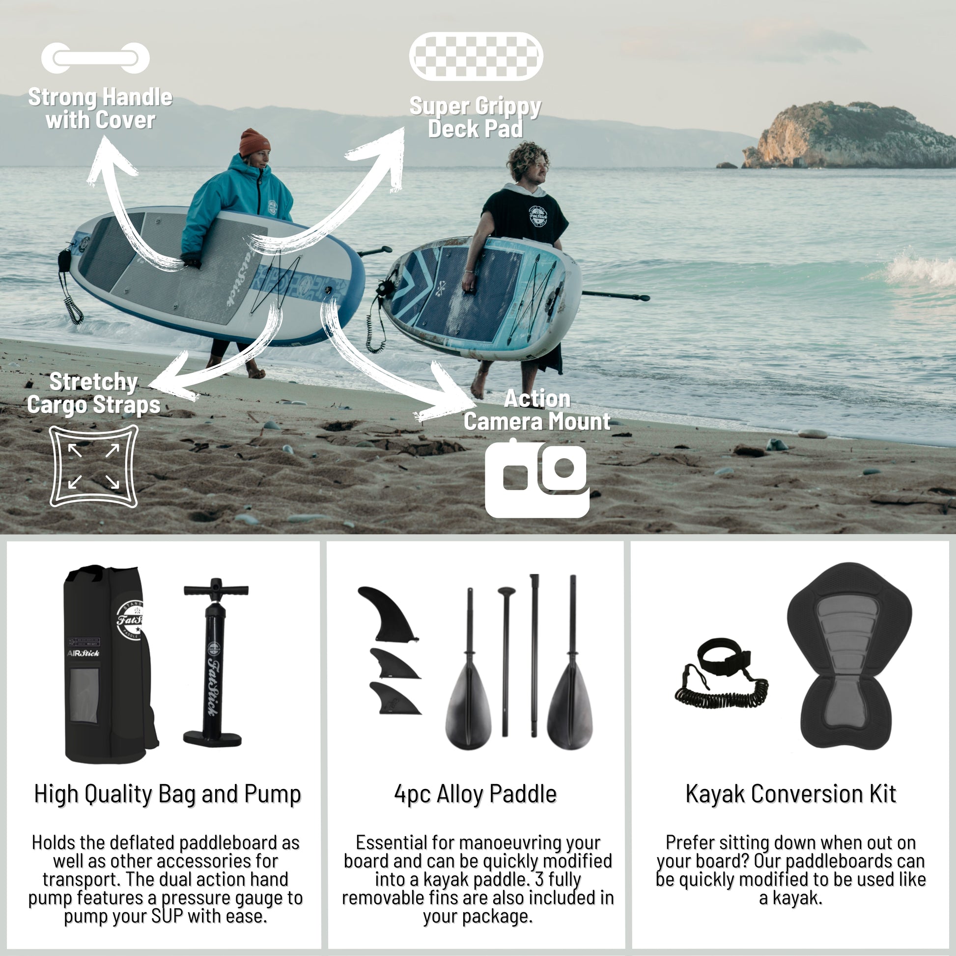 Blue AirStick 10'6 inflatable stand up paddle board features strong handle, grippy deck pad, cargo straps, and camera mount.