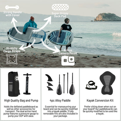 Blue AirStick 10'6 inflatable stand up paddle board features strong handle, grippy deck pad, cargo straps, and camera mount.
