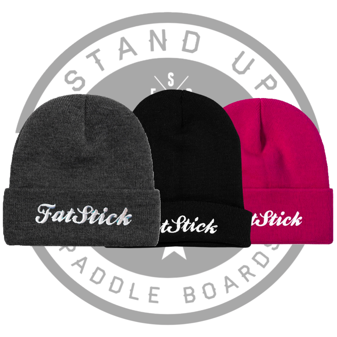 Three FatStick Beanie Hats in dark grey, black, and pink with a white FatStick logo embroidered on the front