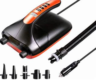 Black and orange electric 20psi paddle board pump with various nozzles, hose and car charger visible.