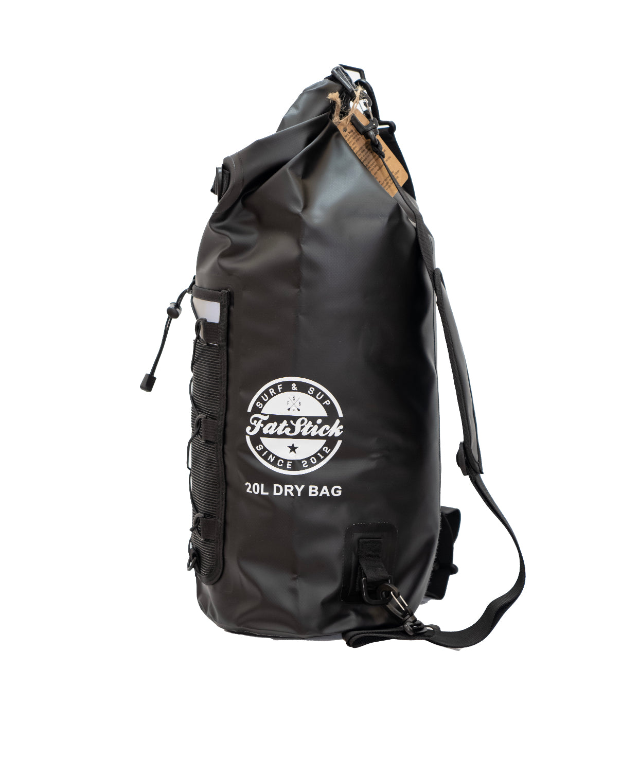 Black 20Ltr FatStick Dry Bag & Backpack side view, showing white logo, elasticated mesh pocket, carry handle, and strap detailing.