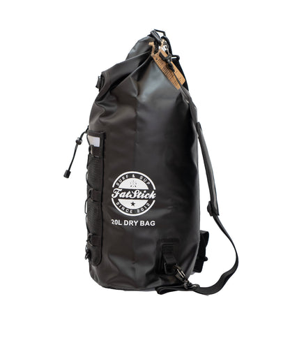 Black 20Ltr FatStick Dry Bag & Backpack side view, showing white logo, elasticated mesh pocket, carry handle, and strap detailing.