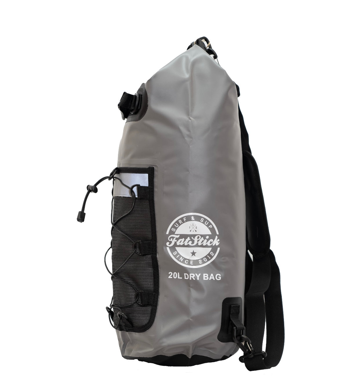Grey 20Ltr FatStick Dry Bag & Backpack side view, showing white logo, mesh pocket with bungee cord, and black strap.