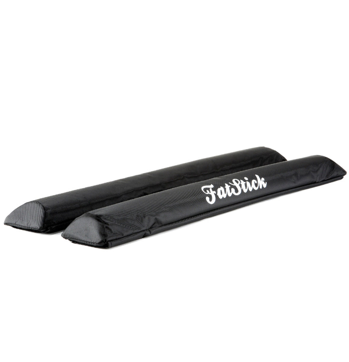 Angled view displaying two black FatStick Long Aero Roof Rack Bar Pads 71cm with white logo