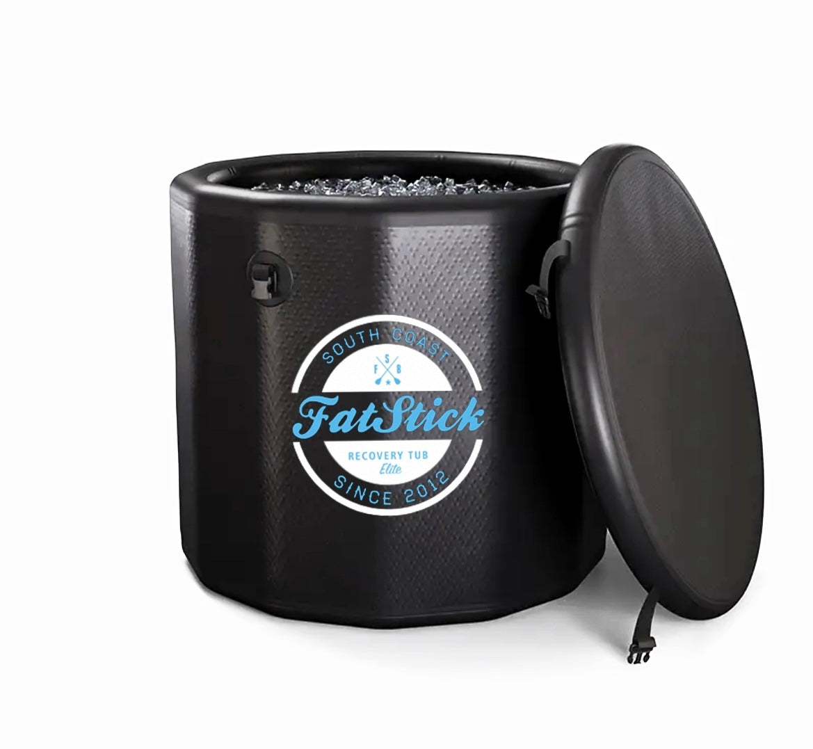 Black FatStick pro cold water therapy plunge tub, angled view with lid slightly open, full of ice.