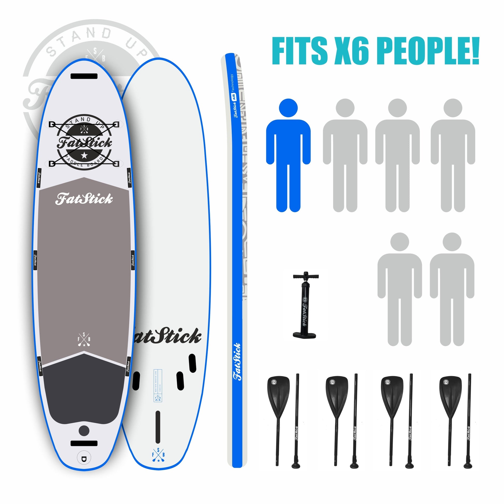 Front view of the XL Giant FatStick Paddle Board Package with included pump and paddles on a white background, highlighting its blue and white design.