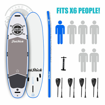 Front view of the XL Giant FatStick Paddle Board Package with included pump and paddles on a white background, highlighting its blue and white design.
