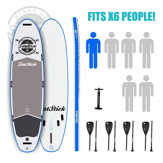 Front view of the XL Giant FatStick Paddle Board Package with included pump and paddles on a white background, highlighting its blue and white design.