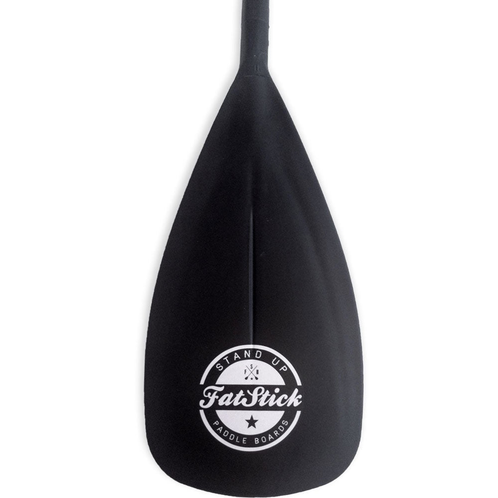 Close up view of the black Fatstick Stand Up Paddle Boards logo on a paddle blade