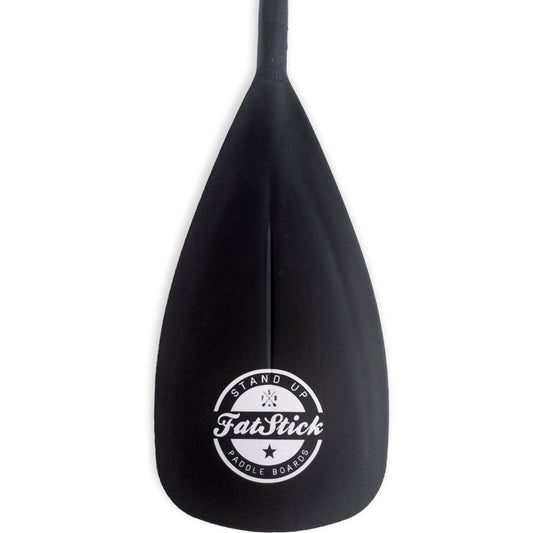 Close up view of the black Fatstick Stand Up Paddle Boards logo on a paddle blade