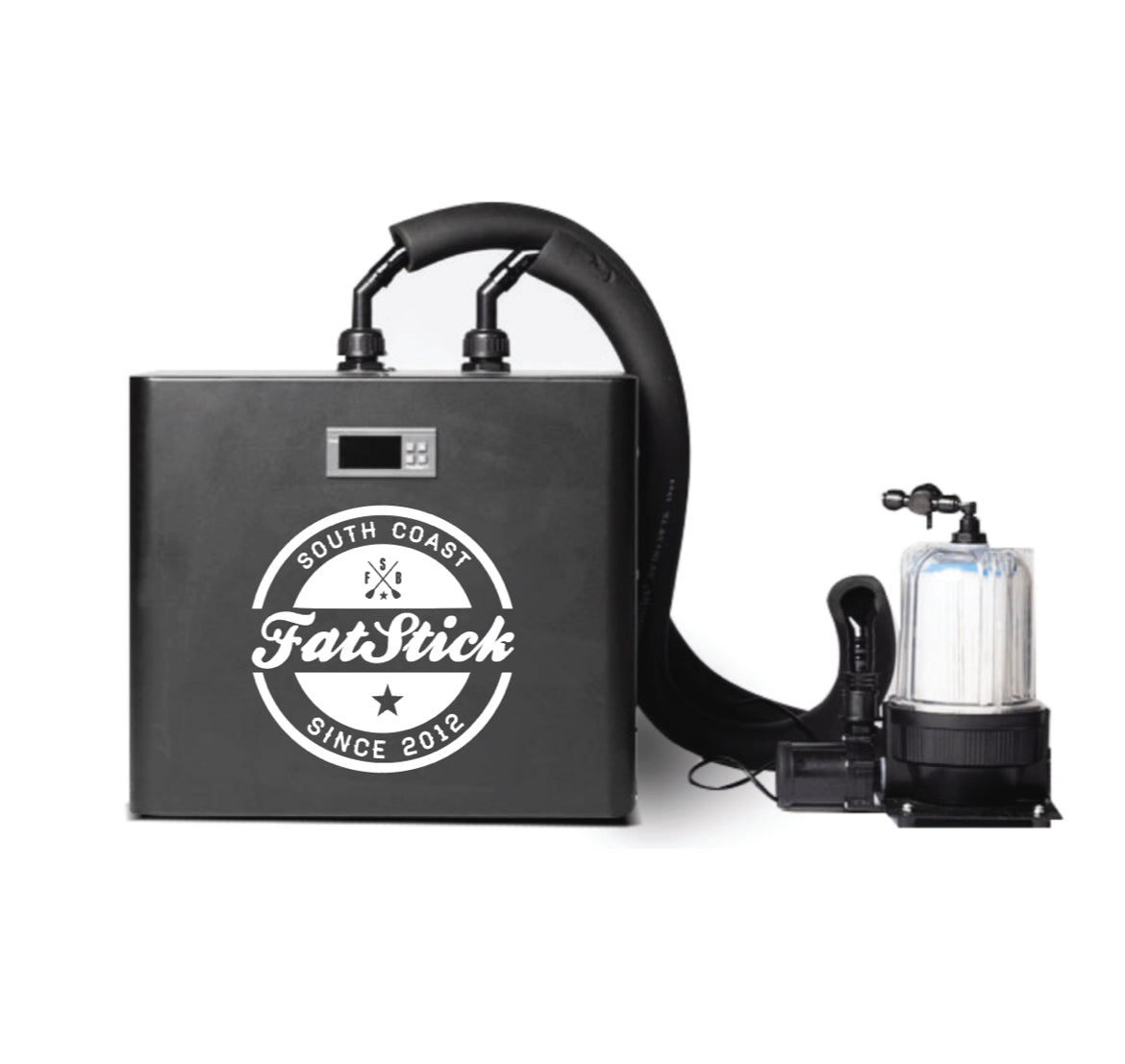 FatStick Boards Home Chiller Unit for Ice Baths, black with logo connected to water filter and hoses