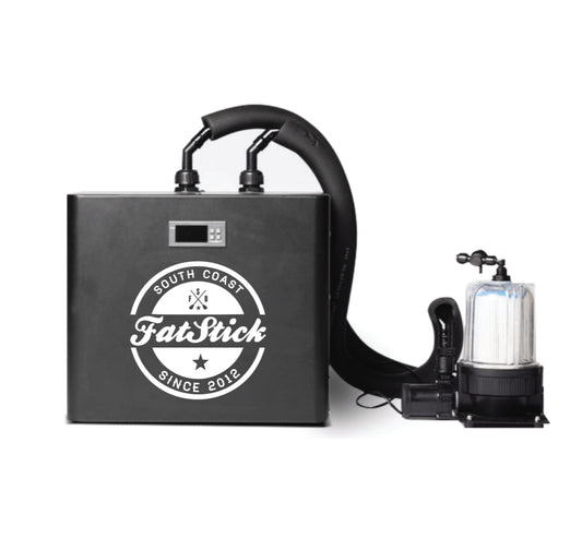 FatStick Boards Home Chiller Unit for Ice Baths, black with logo connected to water filter and hoses