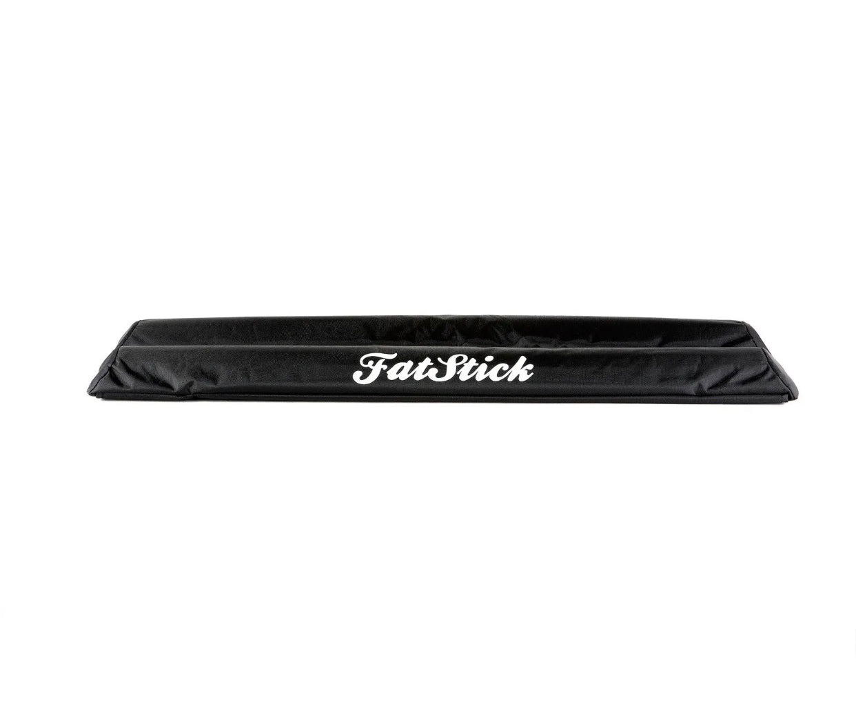 Front view of a single black FatStick Long Aero Roof Rack Bar Pad 71cm with centered logo