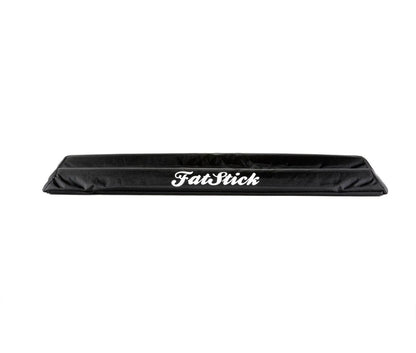 Front view of a single black FatStick Long Aero Roof Rack Bar Pad 71cm with centered logo