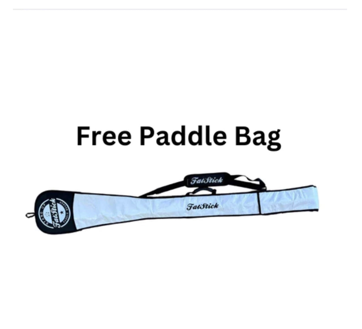White paddle board bag with black trim and FatStick logo displayed on a plain background.