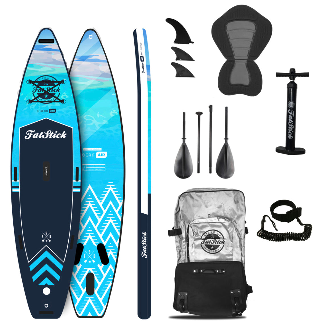 FatStick 12'6 Inflatable Touring Paddle Board SUP Package with board, fins, seat, pump, backpack, and paddle