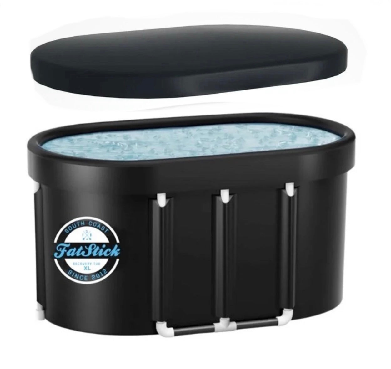 Oval FatStick Recovery Ice Bath XL with lid, filled with ice and cold water, on a white background.
