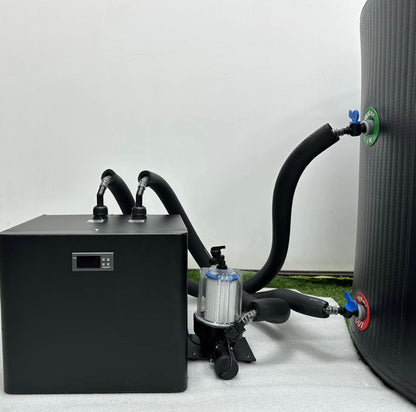 Black home chiller unit and water filter system connected to an inflatable ice bath tub
