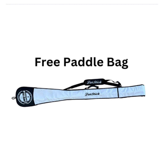 White paddle bag with black trim and FatStick logo, for carrying the paddle board paddle.