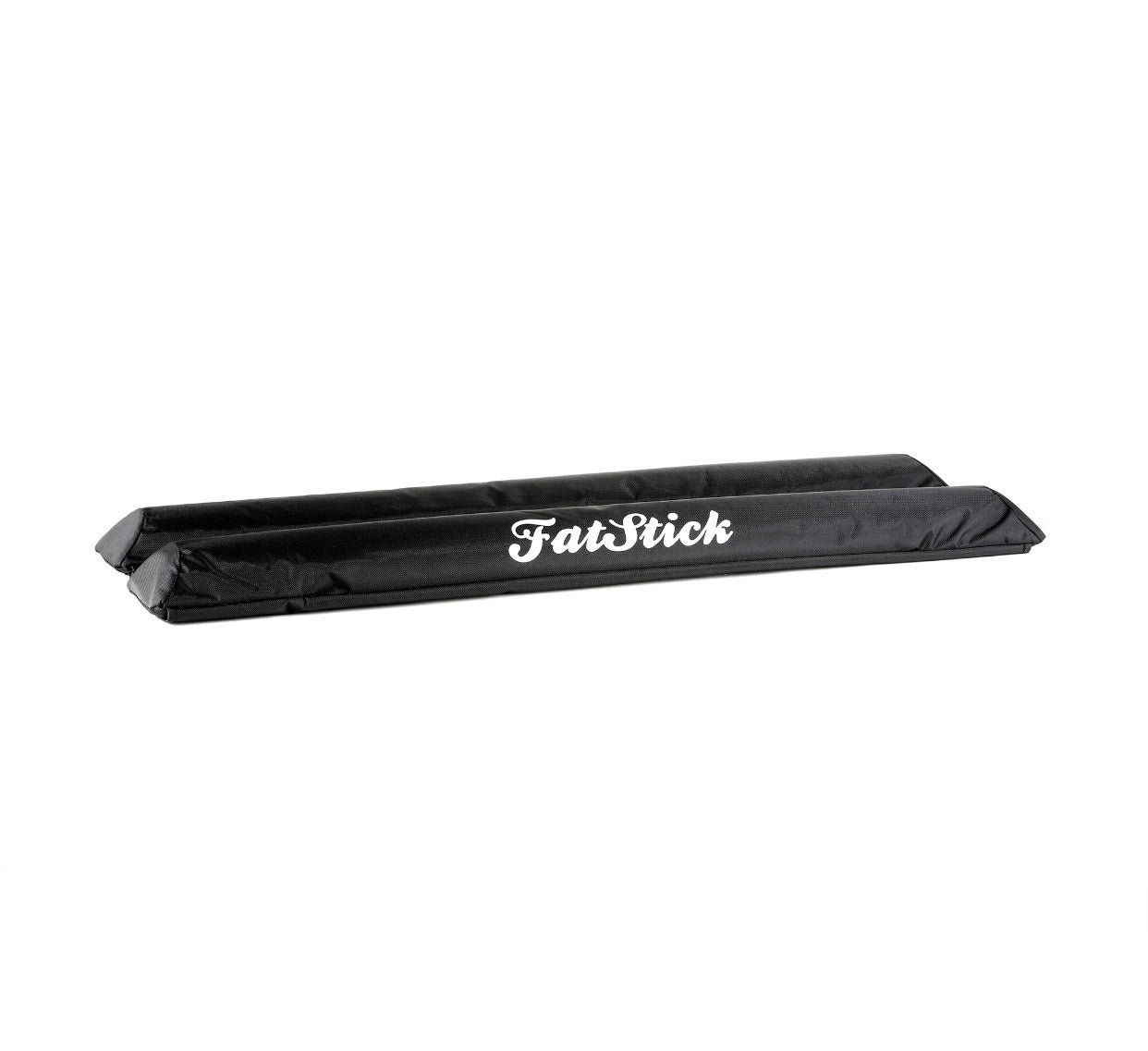 Front angled view showing two black FatStick Long Aero Roof Rack Bar Pads 71cm
