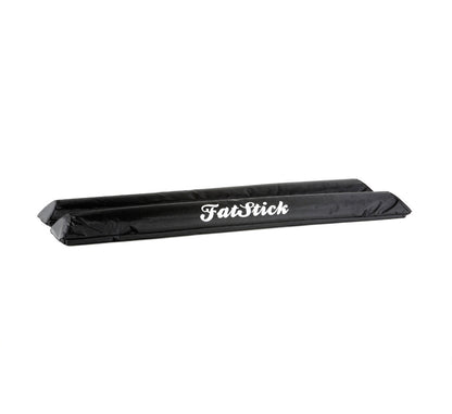 Front angled view showing two black FatStick Long Aero Roof Rack Bar Pads 71cm