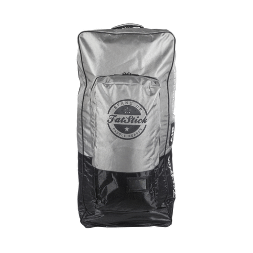 FatStick Wheeled Storage Bag Backpack for inflatable paddle boards, gray and black, isolated on white background, front view.