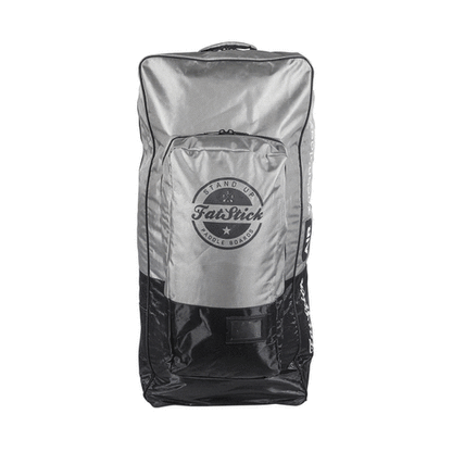 FatStick Wheeled Storage Bag Backpack for inflatable paddle boards, gray and black, isolated on white background, front view.