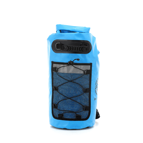 Animated image of the 20Ltr FatStick Dry Bag & Backpack in blue, rotating to show the front pocket, logo, handle, and backpack straps.