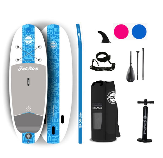 Blue and white Fatstick Kids 7'6 GromStick inflatable stand up paddle board package with accessories.