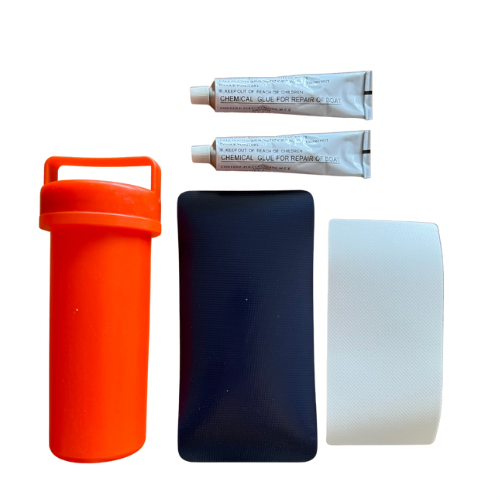 FatStick Boards paddle board repair kit with orange container, two tubes of glue, and two patches.