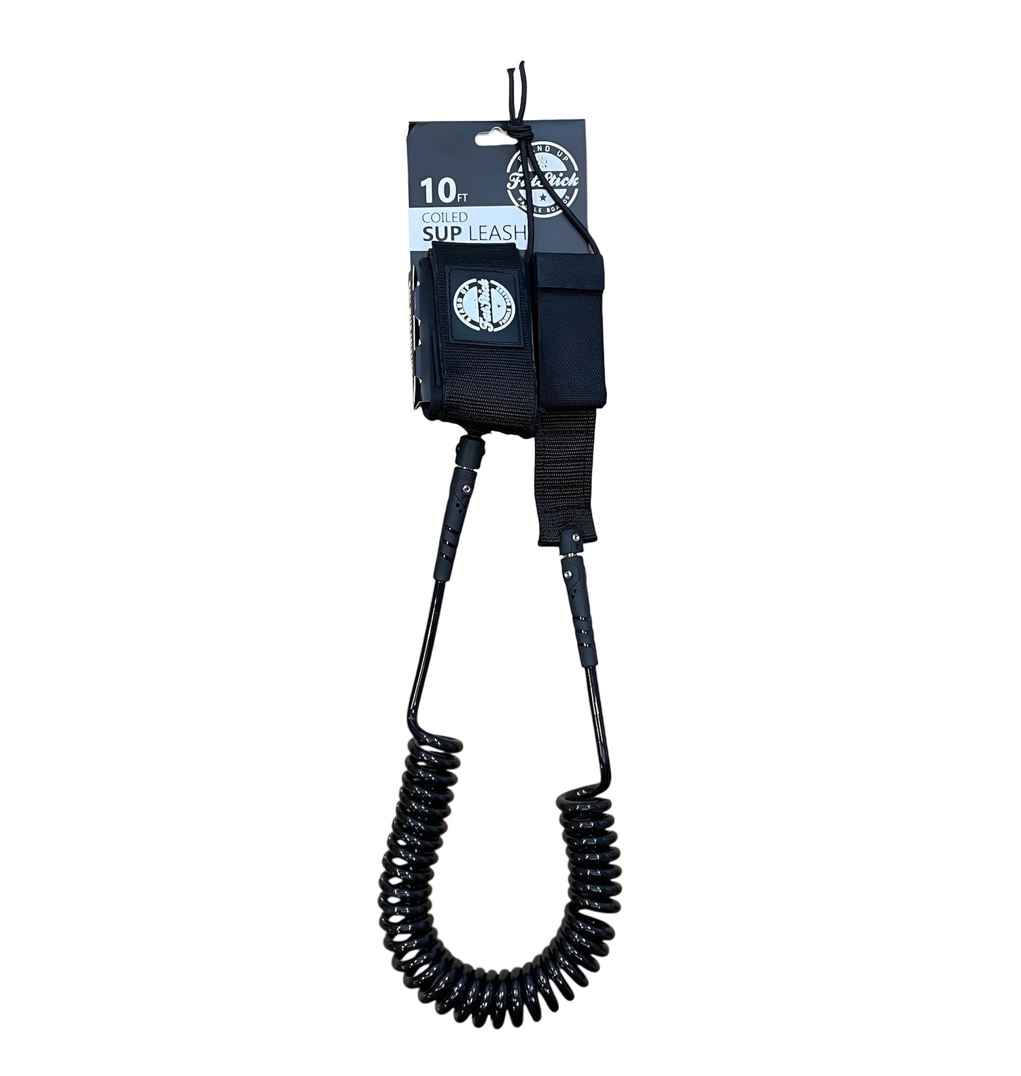 FatStick Boards 10ft coiled SUP leash, all black, packaged, front view