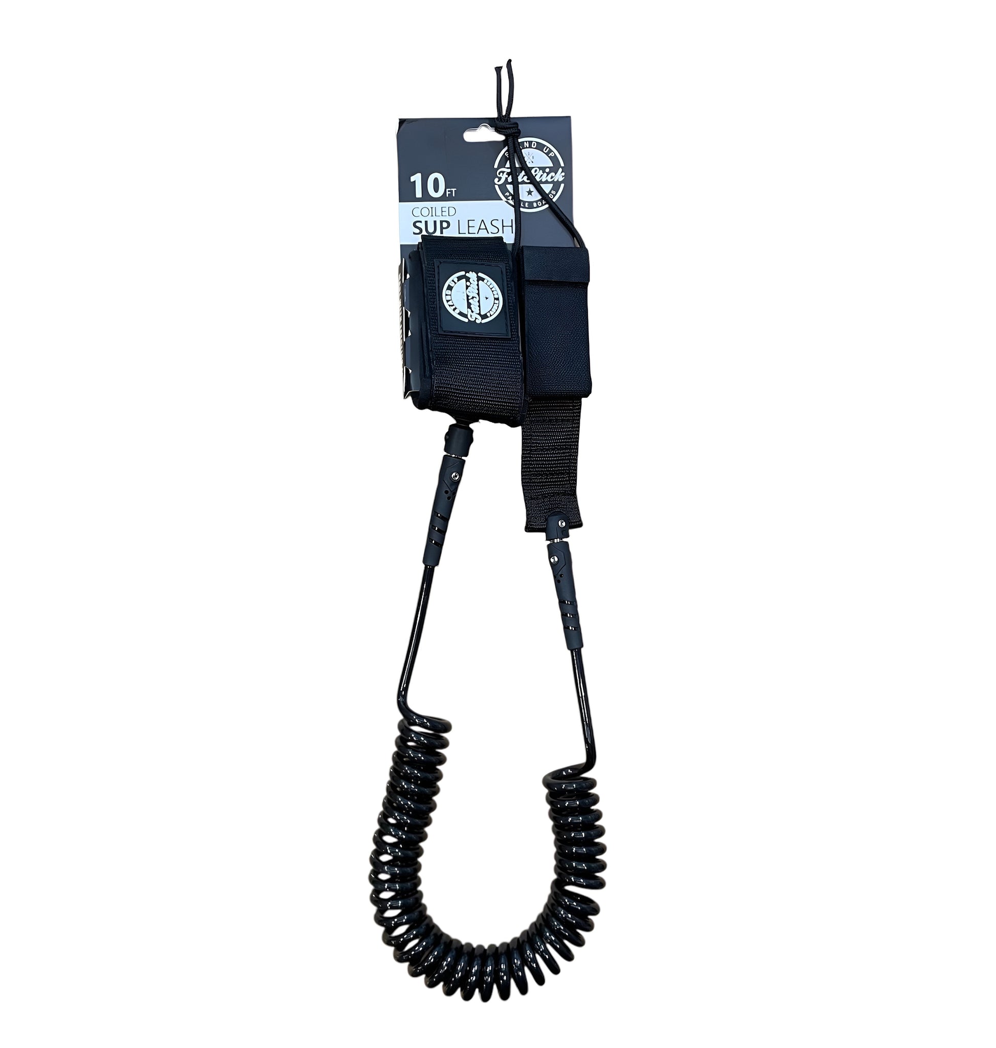 FatStick Boards 10ft coiled SUP leash, all black, packaged, front view