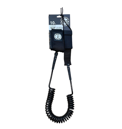 FatStick Boards 10ft coiled SUP leash, all black, packaged, front view