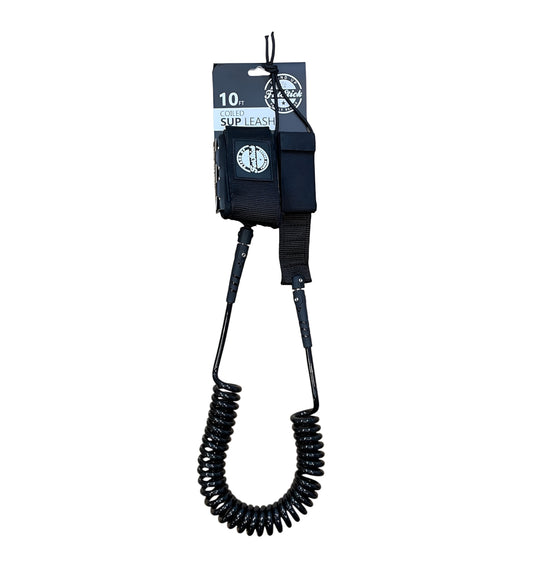 FatStick Boards 10ft coiled SUP leash, all black, packaged, front view