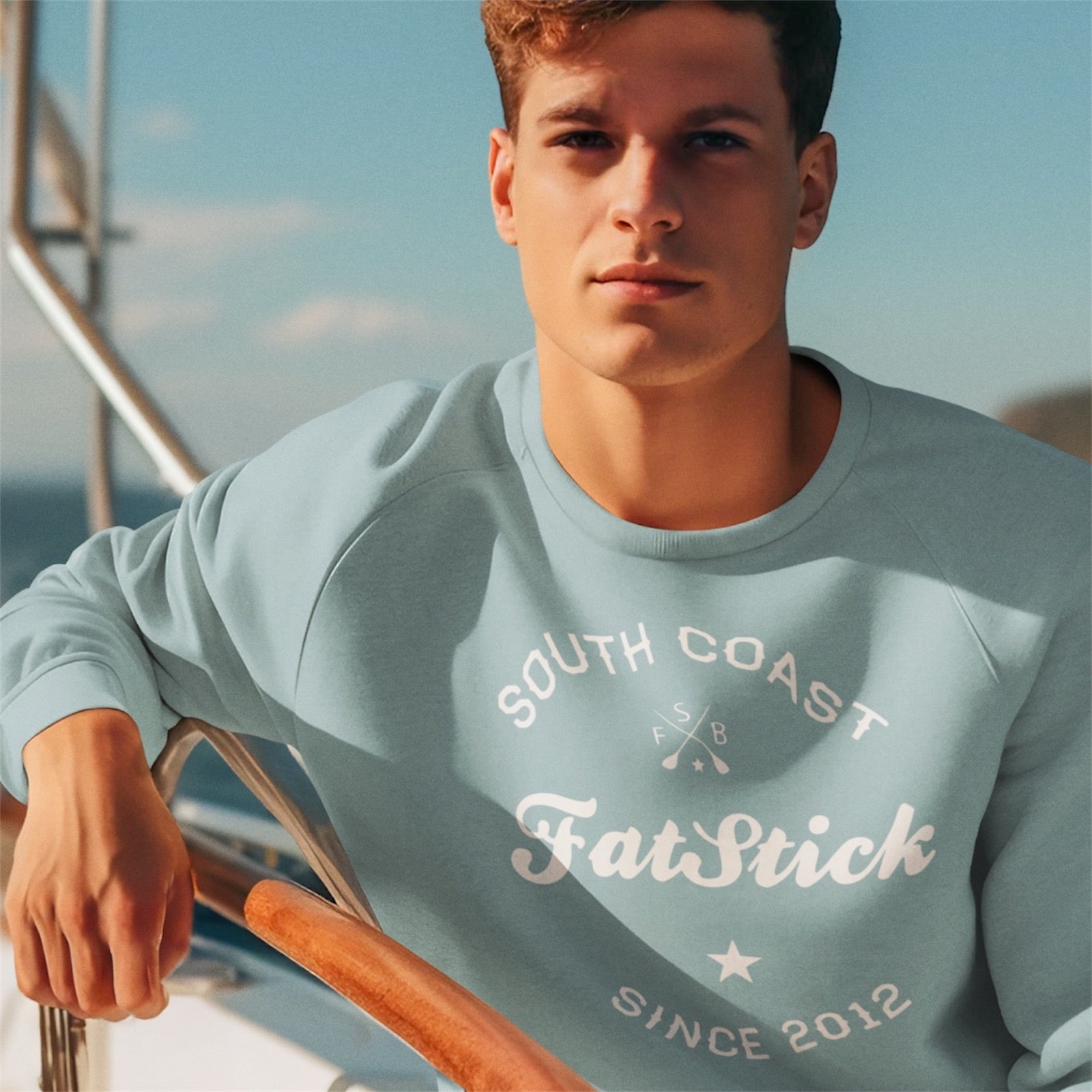 Man wearing a light blue FatStick South Coast Lifestyle Sweater sitting outdoors on a boat.