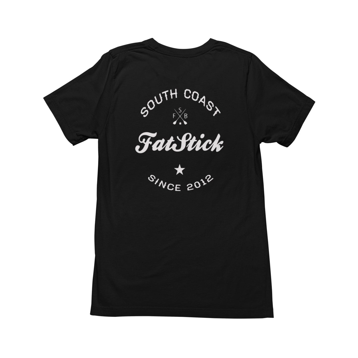 Back of black FatStick South Coast Lifestyle T-Shirt with large white graphic print.