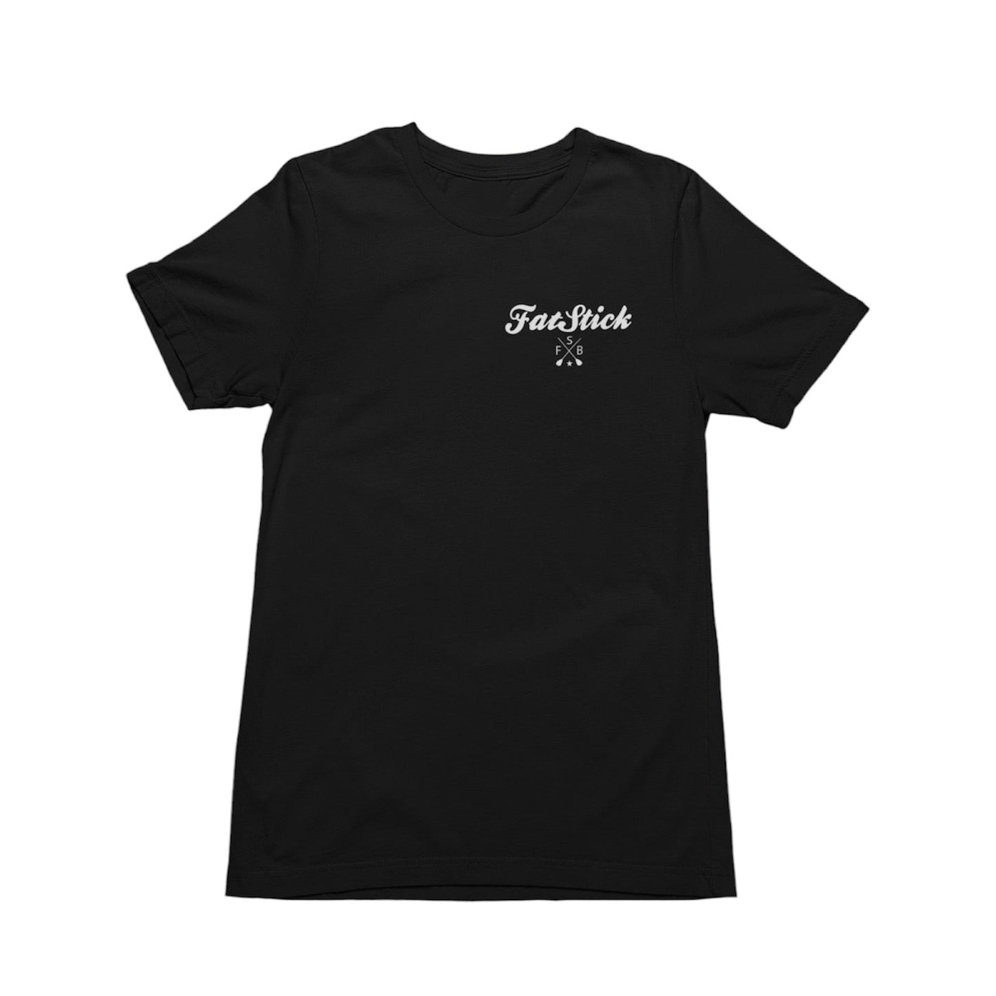 Front of black FatStick South Coast Lifestyle T-Shirt with small white logo on chest.